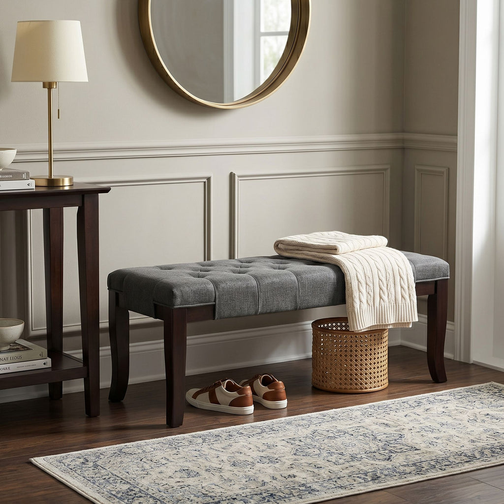 Linon Tufted Bench, Fabric, Gray