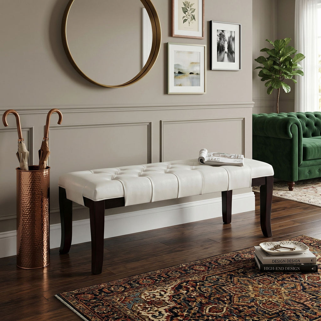 Linon Tufted Bench, Faux Leather, White