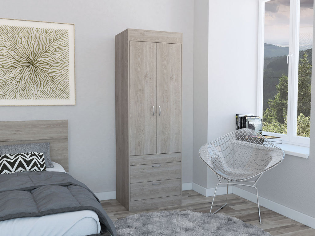 Lisboa Armoire, Rod, Double Door, Two Drawers, Metal Handles Light Gray