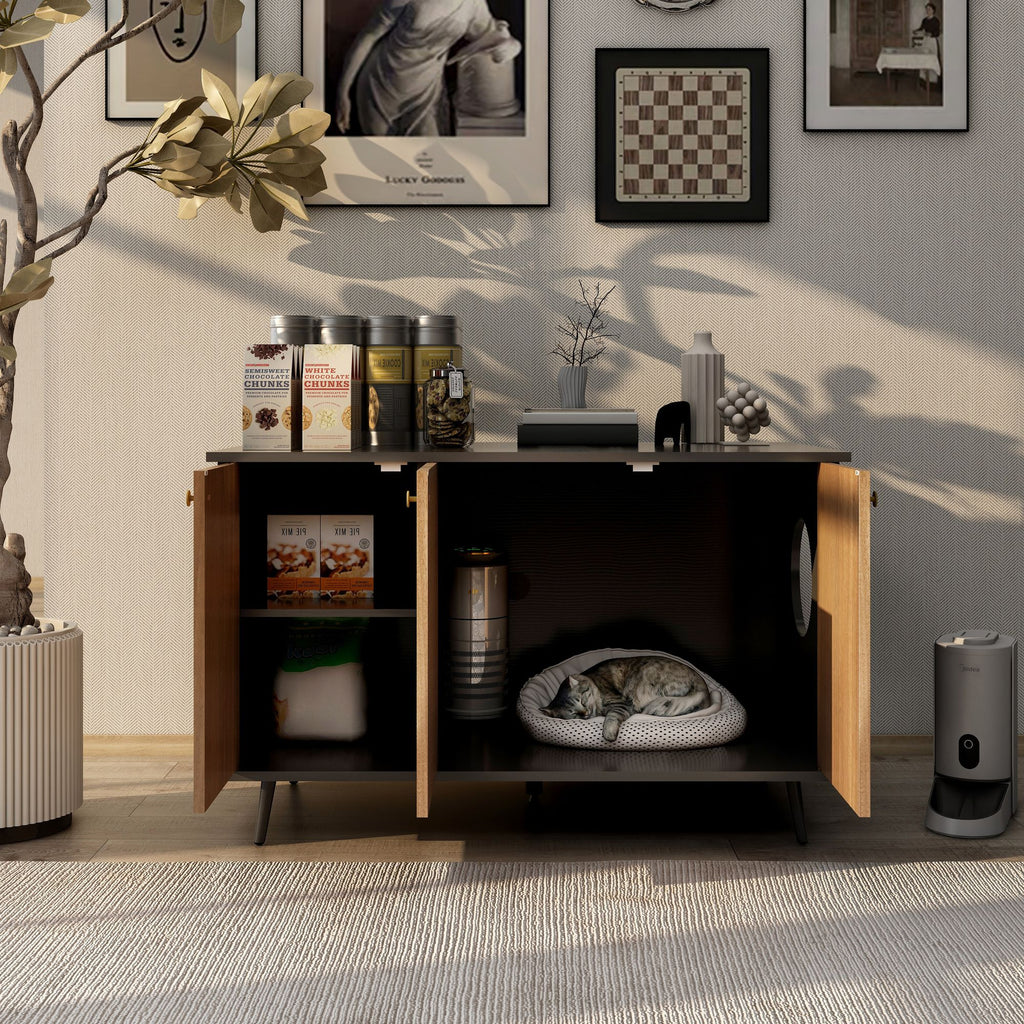 Litter Box Enclosure, Cat Litter Box Furniture with Hidden Plug, 3 Doors,Indoor Cat Washroom Storage Bench Side Table Cat House, Large Wooden Enclused Litter Box House, Black and Walnut