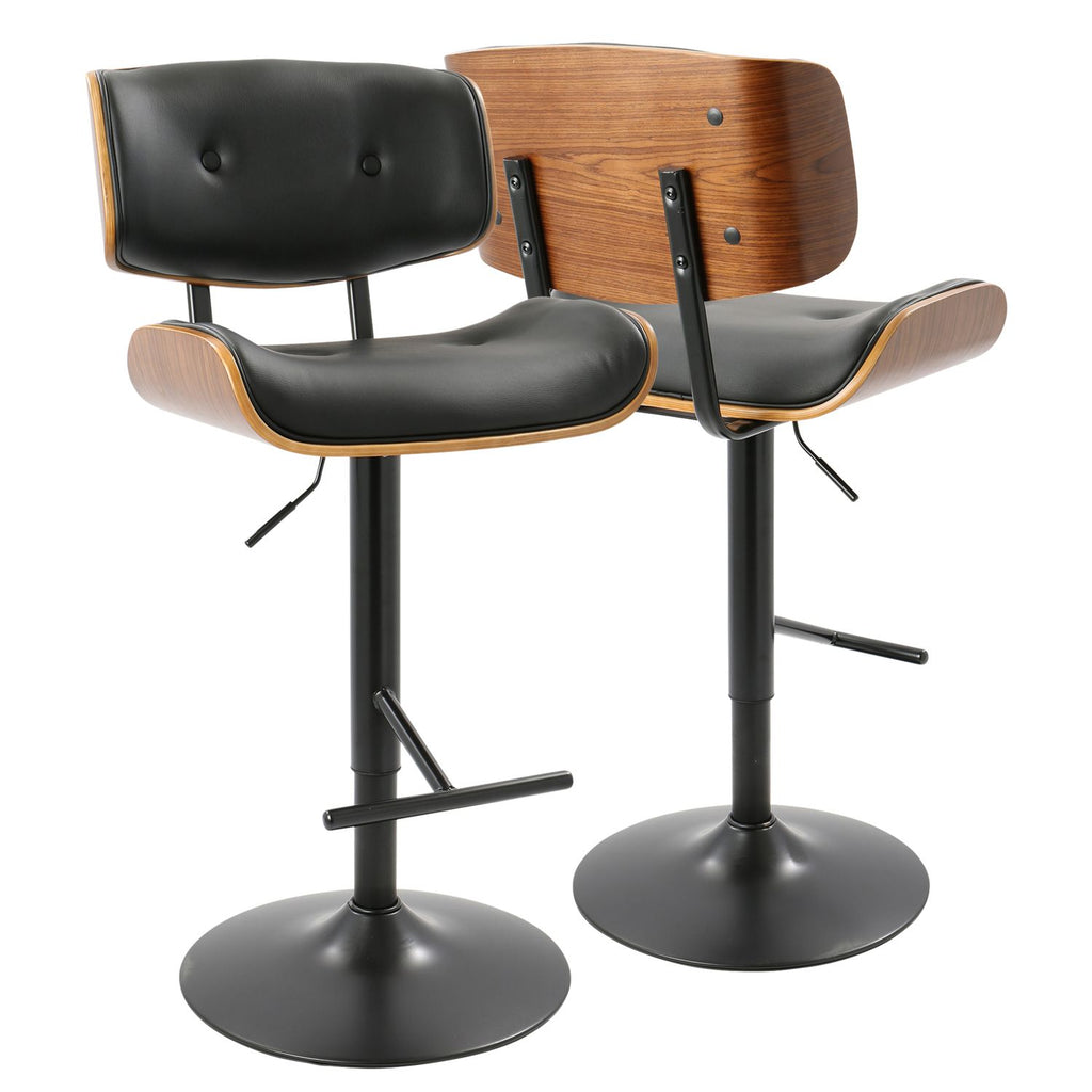 Lombardi Mid-Century Modern Adjustable Barstool in Walnut with Black Faux Leather by