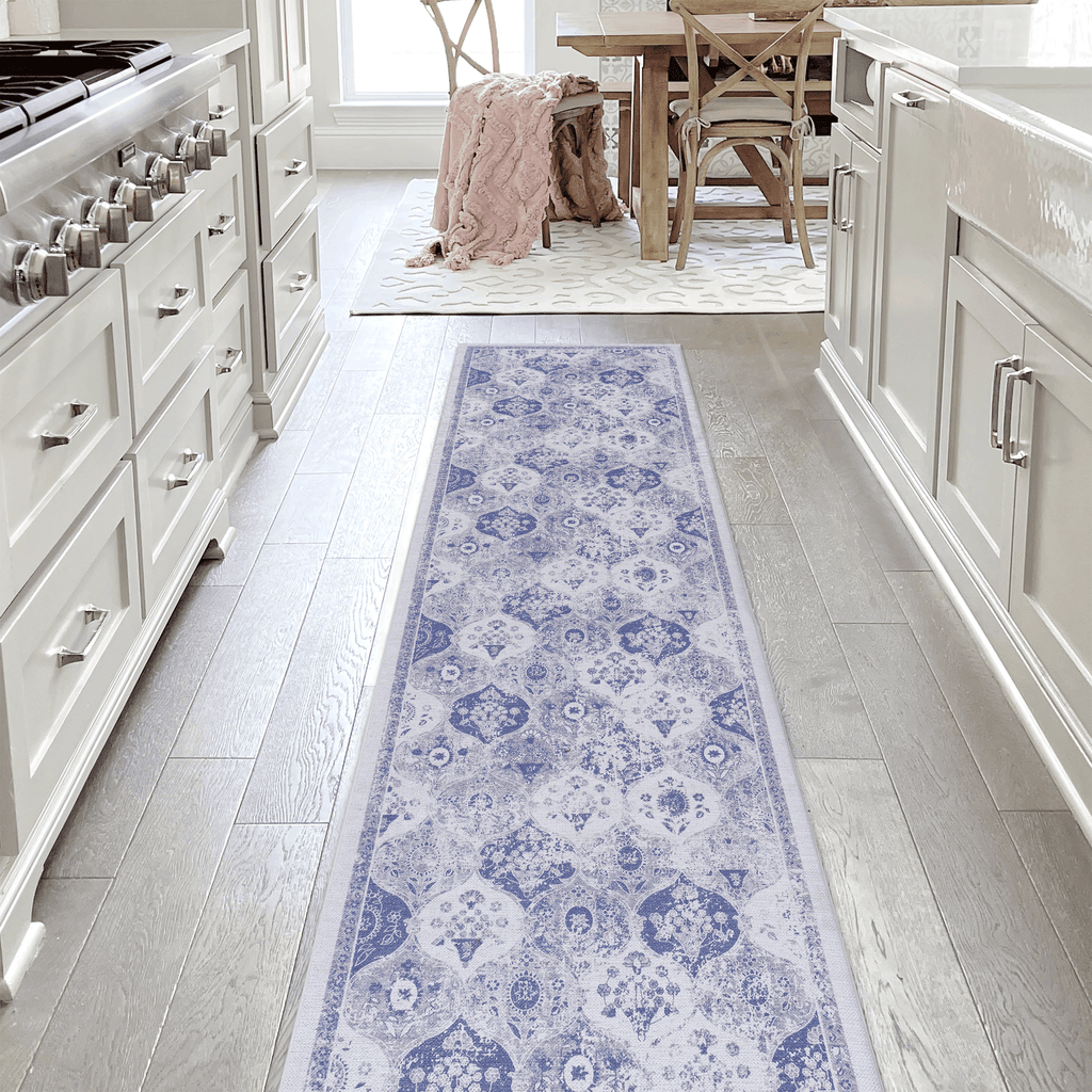 LOOM & LUXE 2'6''x10' Blue Runner, Washable Rug, Low-Pile, Non-Slip, Non-Shedding, Foldable, Kid & Pet Friendly - Area Rugs for living room, bedroom, kitchen, dining room rug (Blue, 2'6''x10')