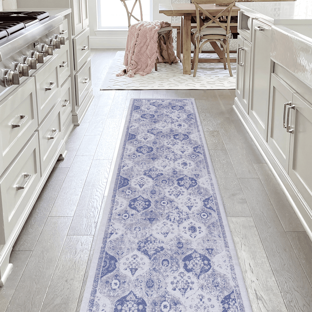 LOOM & LUXE 2'6''x10' Blue Runner, Washable Rug, Low-Pile, Non-Slip, Non-Shedding, Foldable, Kid & Pet Friendly - Area Rugs for living room, bedroom, kitchen, dining room rug (Blue, 2'6''x10')