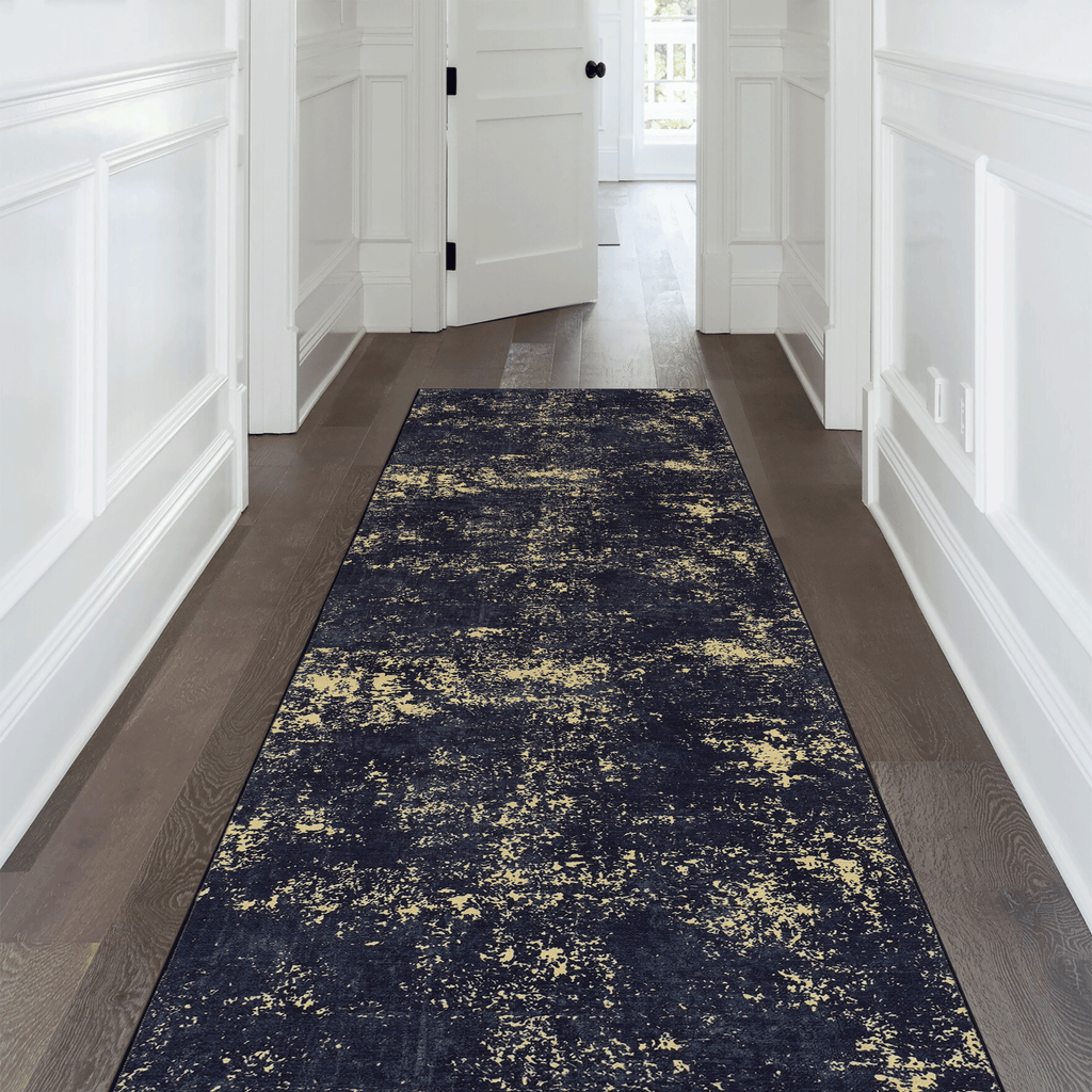 LOOM & LUXE 2'6''x10' Runner, Washable Rug, Low-Pile, Non-Slip, Non-Shedding, Foldable, Kid & Pet Friendly - Area Rugs for living room, bedroom, kitchen, dining room rug (Black/Gold, 2'6''x10')