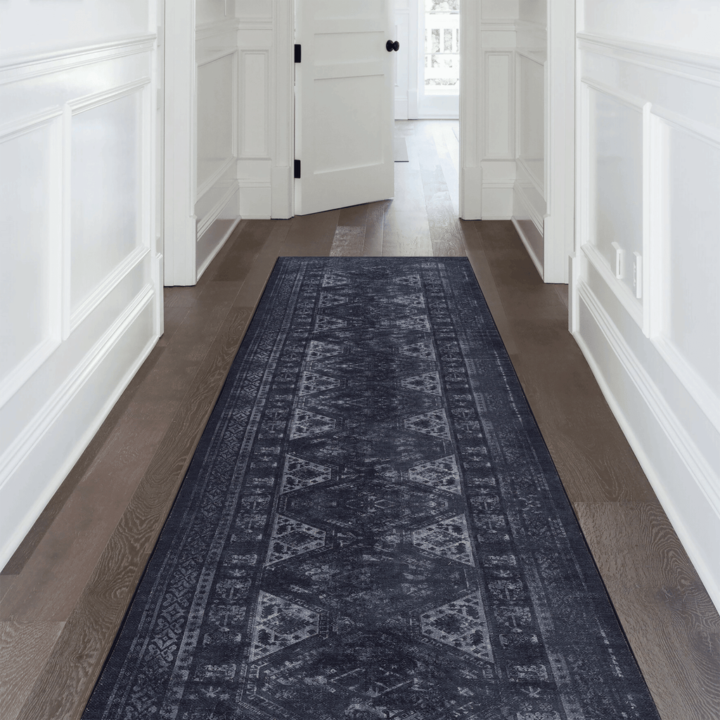 LOOM & LUXE 2'6''x10' Runner, Washable Rug, Low-Pile, Non-Slip, Non-Shedding, Foldable, Kid & Pet Friendly - Area Rugs for living room, bedroom, kitchen, dining room rug (Black/Gray, 2'6''x10')