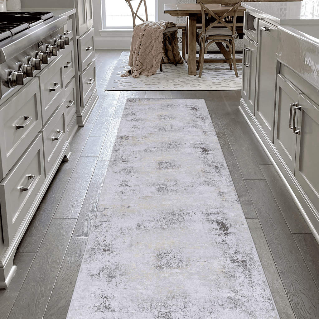 LOOM & LUXE 2'6''x10' Runner, Washable Rug, Low-Pile, Non-Slip, Non-Shedding, Foldable, Kid & Pet Friendly - Area Rugs for living room, bedroom, kitchen, dining room rug (Gray/Gold, 2'6''x10')