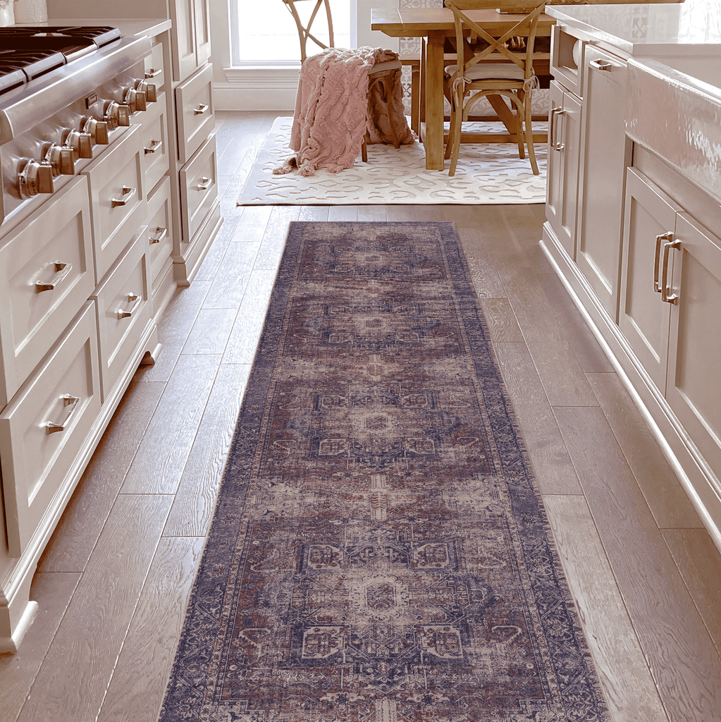 LOOM & LUXE 2'6''x10' Runner, Washable Rug, Low-Pile, Non-Slip, Non-Shedding, Foldable, Kid & Pet Friendly - Area Rugs for living room, bedroom, kitchen rug (Burgundy/Blue, 2'6''x10')