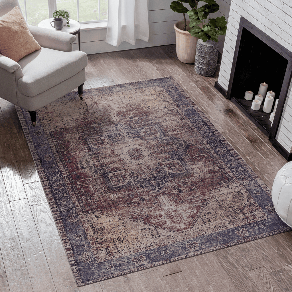 LOOM & LUXE 5x8 Area Rugs for Living Room, Washable Rug, Low-Pile, Non-Slip, Non-Shedding, Foldable, Kid & Pet Friendly - Area Rugs for living room, bedroom, kitchen (Burgundy/Blue, 5'x8')