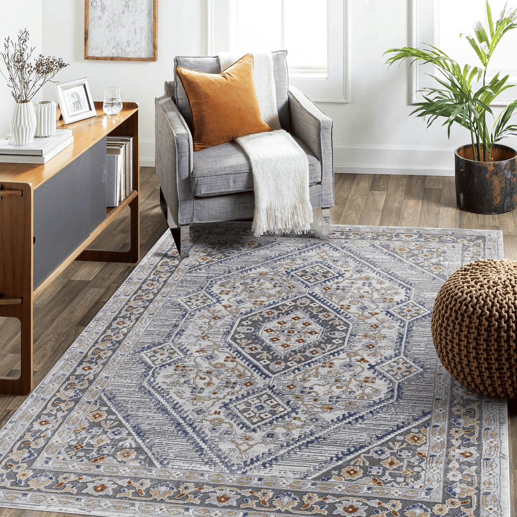 LOOM & LUXE Collection 5X7 Blue/Cream/Bordered Non-Shedding Living Room Bedroom Dining Home Office Stylish and Stain Resistant Area Rug