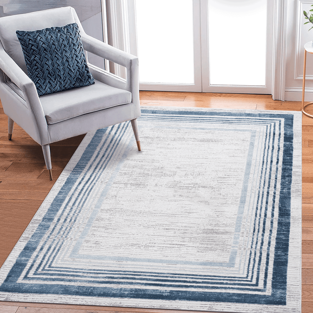 LOOM & LUXE Collection 5X7 Blue/Ivory/Bordered Non-Shedding Living Room Bedroom Dining Home Office Stylish and Stain Resistant Area Rug