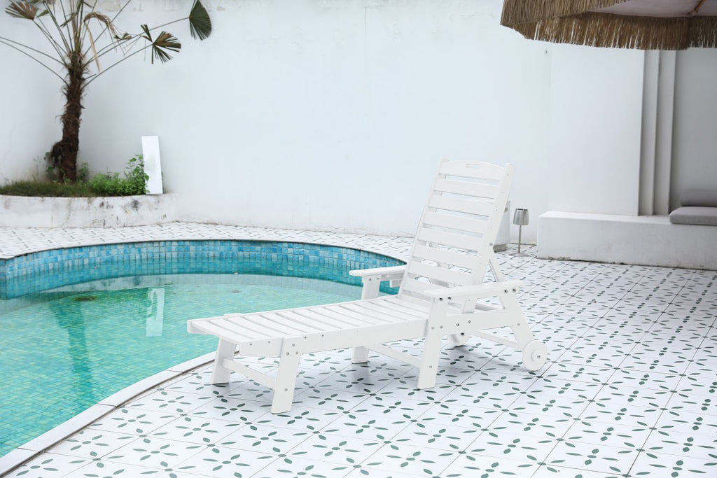 Lounge Chair Outdoor with Wood Texture, Oversized Chaise Lounge Chair with 5 Positions, HDPE, Patio Lounge Chair with Wheels & Cup Holder for Pool, Deck, Poolside, White