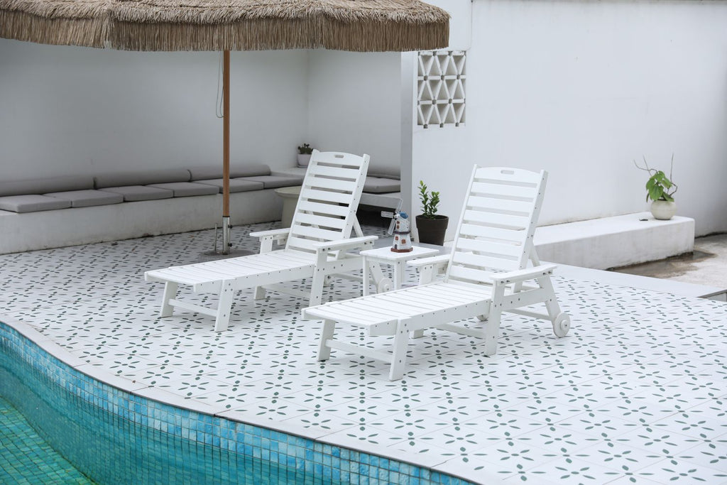 Lounge Chair with Side Table, 3-Piece Oversized Chaise Lounge Chair Setwith Wood Texture,White, All Weather Patio Lounge Chair with 5 Positions,Wheels &Cup Holder(include 2Lounge chairs and 1Table)