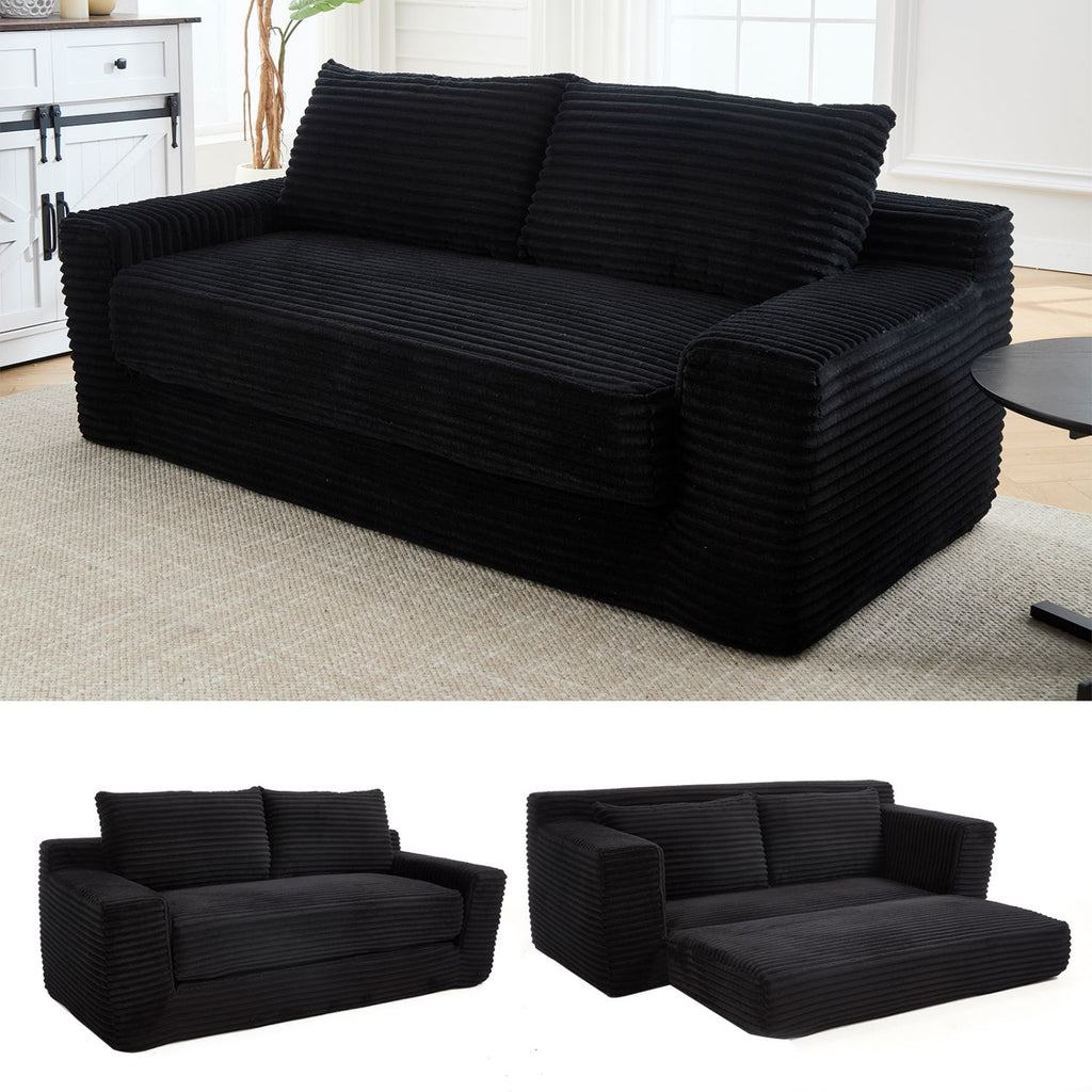 Loveseat Sofa Bed with Memory Foam & Steel Frame - No Assembly, Convertible 2-in-1 Design, Corduroy Fabric - Compact Couch for Small Spaces, Apartments, Home Office & Bedroom (Black)