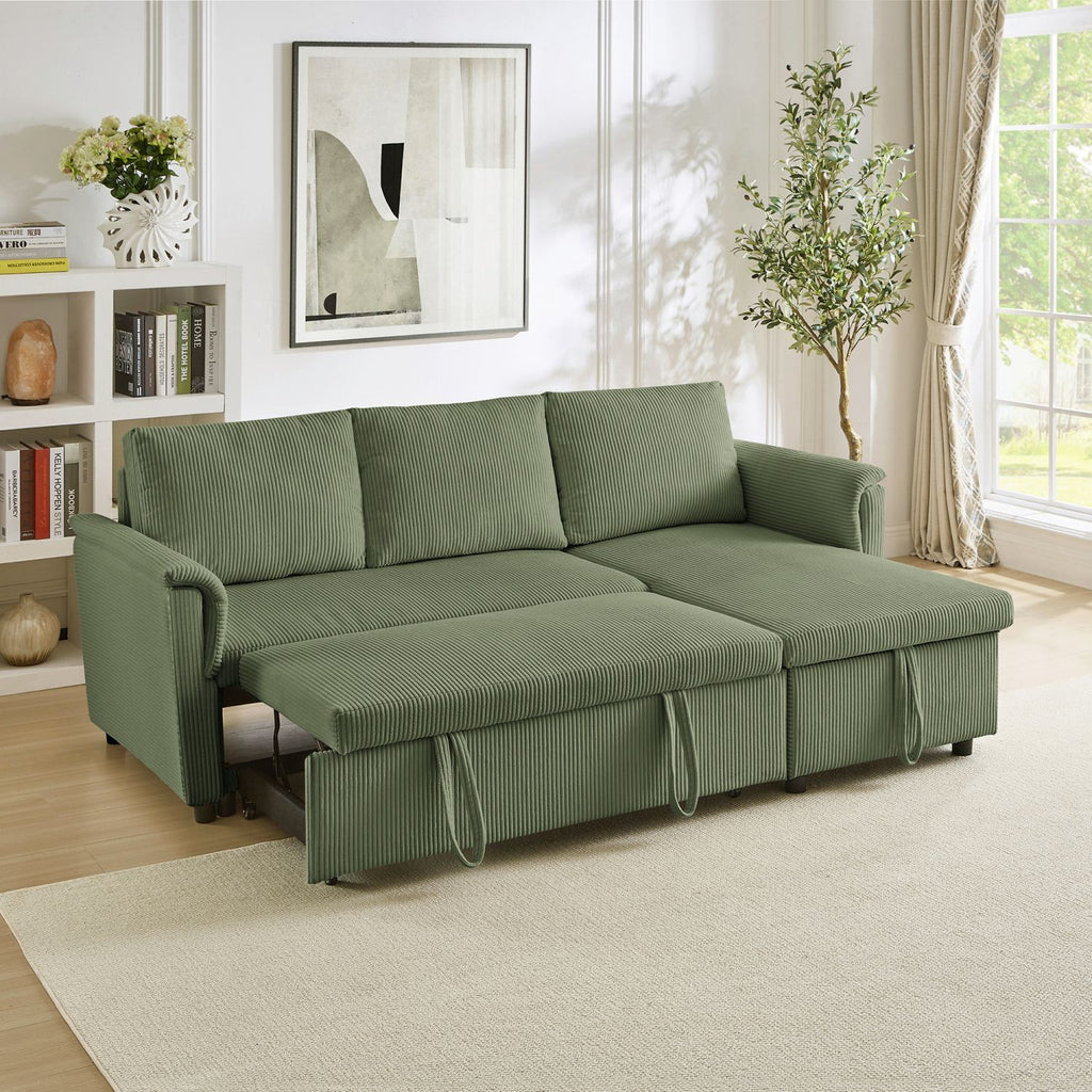 Loveseat Sofa with Chaise Lounge L-Shaped Modular Convertible Sofa with Storage Chaise, Corduroy Tufted Upholstered Sleeper Sectional Sofa,Pull Out Sleep Couch Bed and Reclining Backrest-Green
