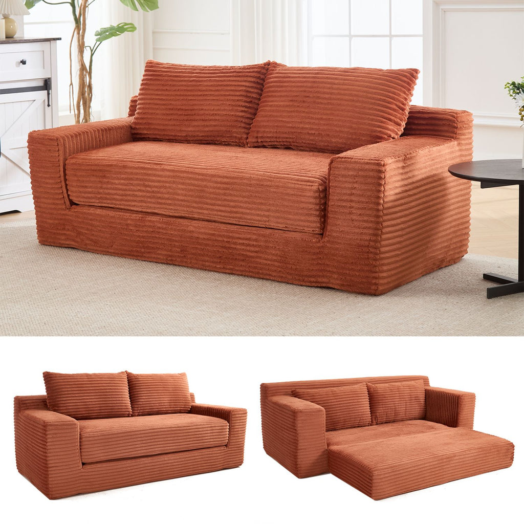 Loveseat Sofa with Memory Foam & Steel Frame - No Assembly, Convertible 2-in-1 Design, Corduroy Fabric - Compact Couch for Small Spaces, Apartments, Home Office & Bedroom (Orange)