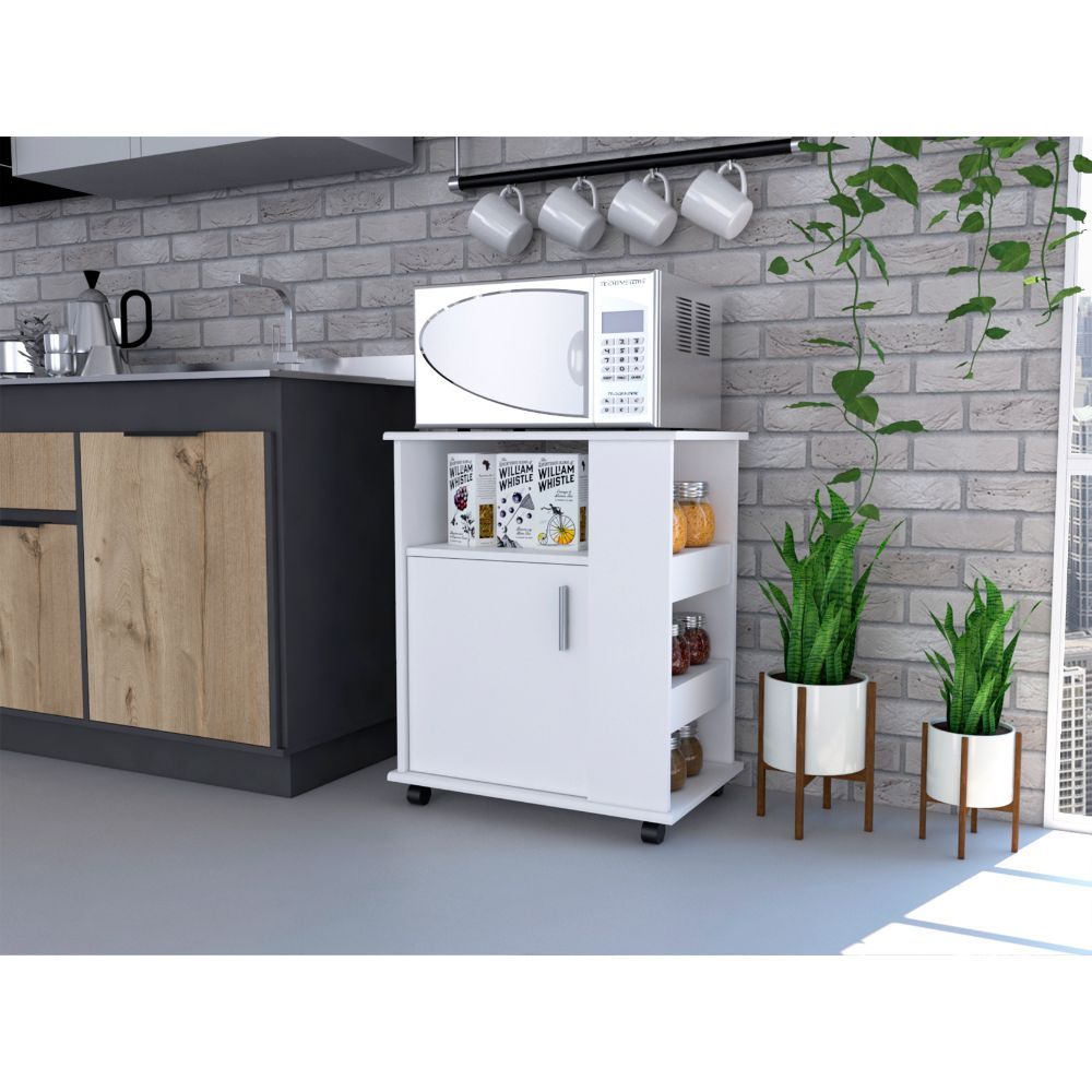 Lower Microwave Pantry 29" H, Single Door Cabinet, One Open Shelf, Three Side Shelves, White
