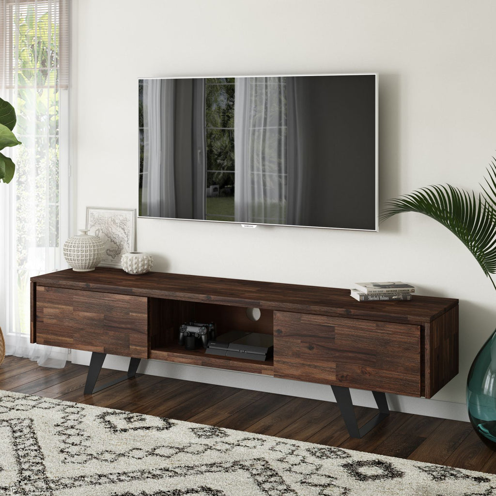 Lowry 72 inch Wide Solid Wood TV Stand in Distressed Charcoal Brown For TVs up to 80 inches