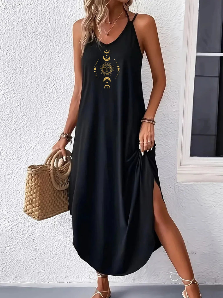 The Sun the Moon and the Stars Curvy Hem Cami Dress Elegant Sleeveless Maxi with Spaghetti Straps for Women