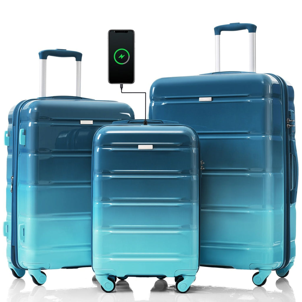 Luggage Set of 3, 20-inch with USB Port, Airline Certified Carry-on Luggage , ABS+PC Hard Shell Luggage with Spinner Wheels,blue