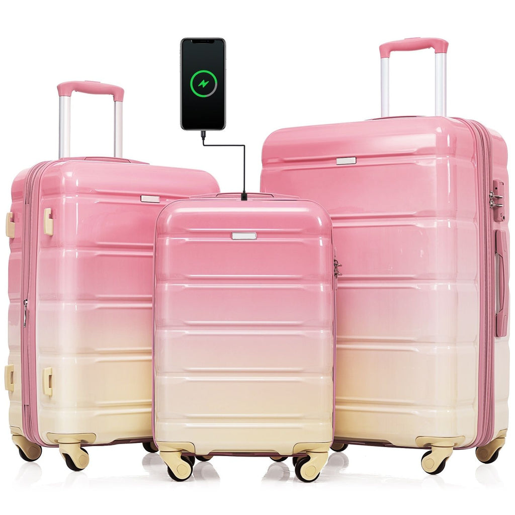 Luggage Set of 3, 20-inch with USB Port, Airline Certified Carry-on Luggage , ABS+PC Hard Shell Luggage with Spinner Wheels,pink