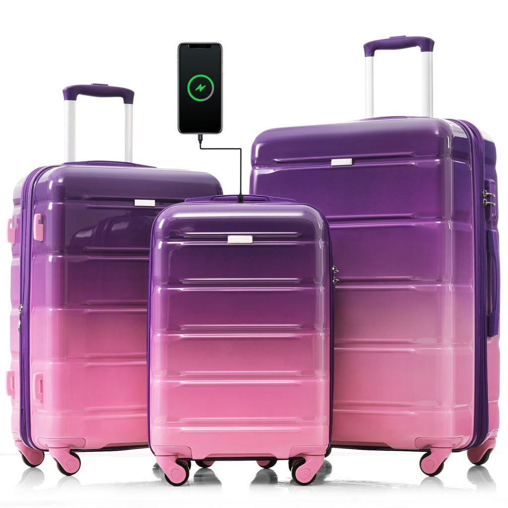 Luggage Set of 3, 20-inch with USB Port, Airline Certified Carry-on Luggage , ABS+PC Hard Shell Luggage with Spinner Wheels,purple and pink