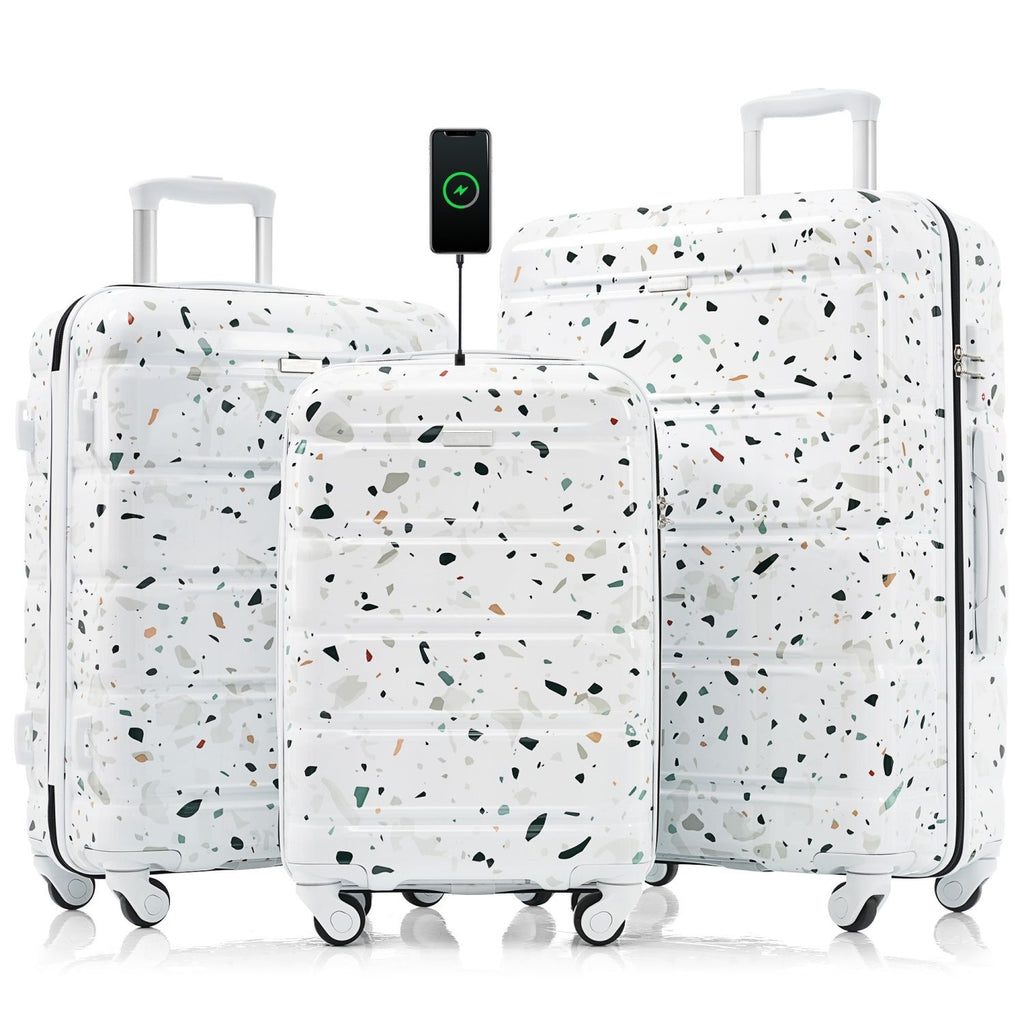 Luggage Set of 3, 20-inch with USB Port, Airline Certified Carry-on Luggage , ABS+PC Hard Shell Luggage with Spinner Wheels,starry sky white
