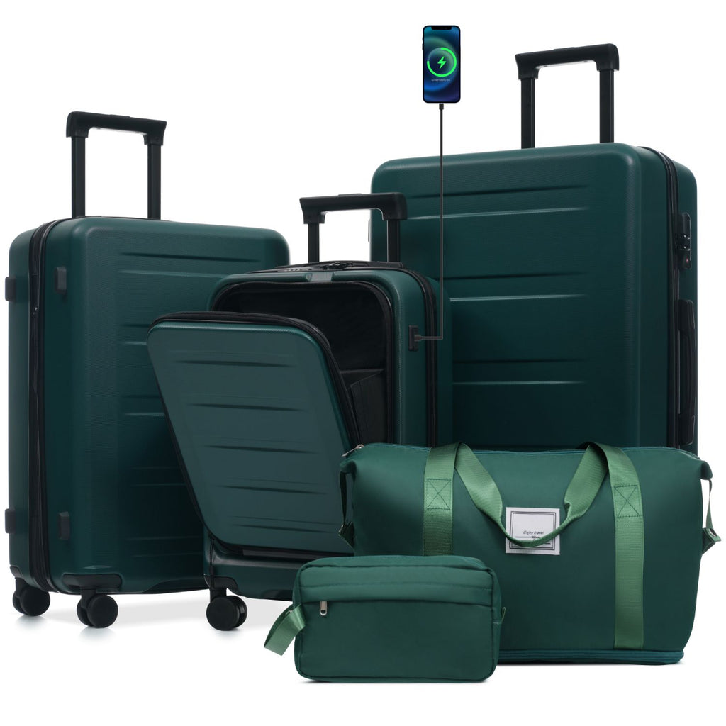 Luggage Sets 5 Piece with Front Opening, Hardside Expandable Carry On Suitcase Set with Double Spinner Wheel, Lightweight Travel Luggage with USB Port,TSA Locks(20"24"28")