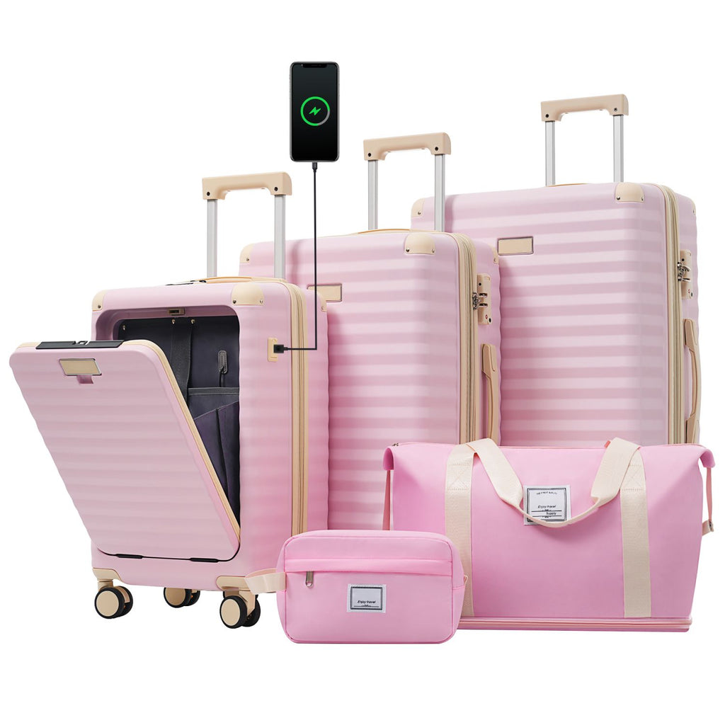 Luggage Sets 5 Piece with Front Opening , Hardside Expandable Carry on Suitcase with Spinner Wheels TSA Lock USB Port Cup Holder Duffel Bag and Toiletry Bag