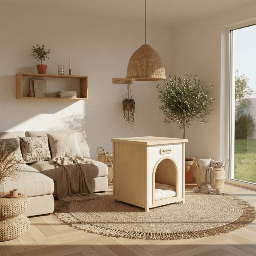 Lumicedar Cream Yellow Flat Roof Pet House FSC Solid Wood 53×51.6×60 cm Indoor Shelter for Small Cats & Dogs
