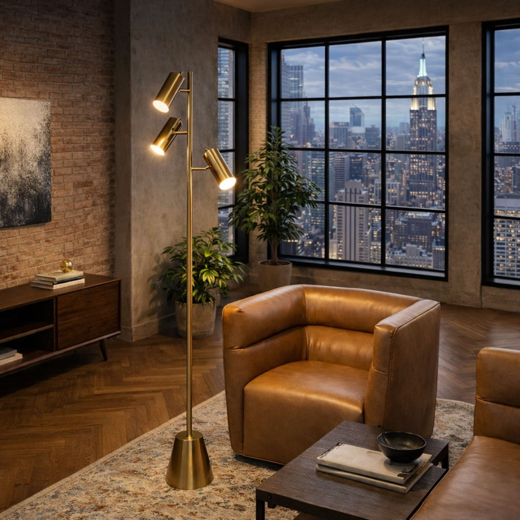Lumina Brassed Gold Floor Lamp with Rotary Switch Triple Spots Metal Cone Base
