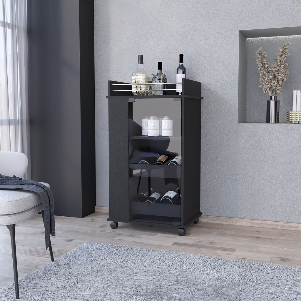 Lusk Bar Cart with 2-Bottle Holder Shelf, Glass Door and Casters