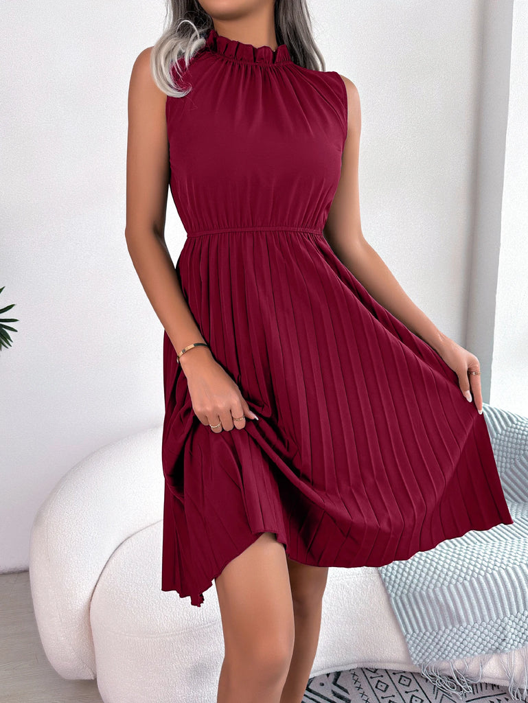 Women Summer Casual Ruffle Sleeveless Pleated Knee Length Dress in Solid Colors