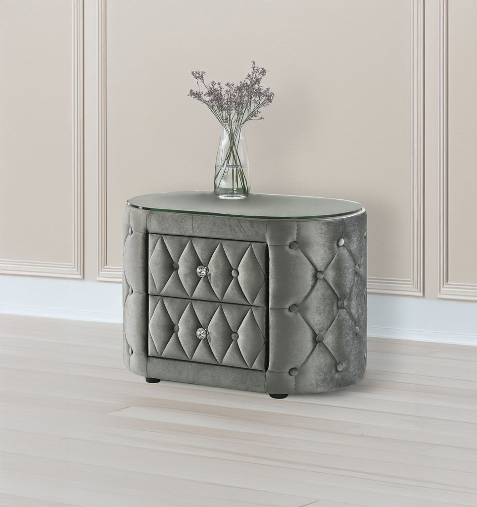 Luxurious 1pc Gray Oval Nightstand Plush Tufted Upholstery 8mm Tempered Glass Top Rounded Sides Two Storage Drawers Sparkling Knobs Wooden Bedroom Furniture Gray