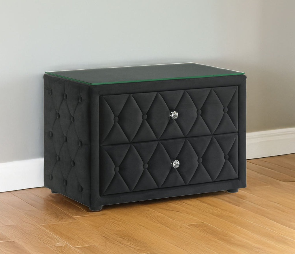 Luxurious 1pc Luxurious Velvet Upholstery Elegant Diamond-tufted Design Two Spacious Drawers Sleek Glass Top Nightstand Wooden Bedroom Furniture