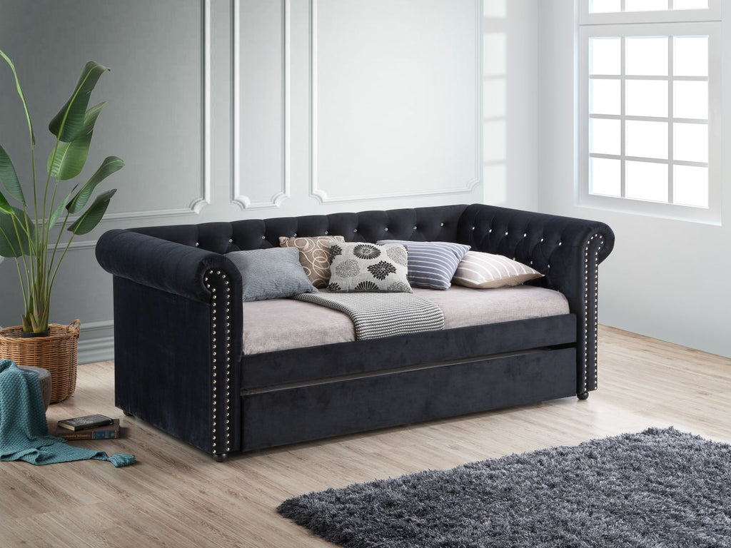 Luxurious 1pc Modern Aesthetic Beautifully Button Tufted Nailhead Trim Design Daybed Built-in pull-out Trundle Bed Living Space Guest Room Bedroom Black
