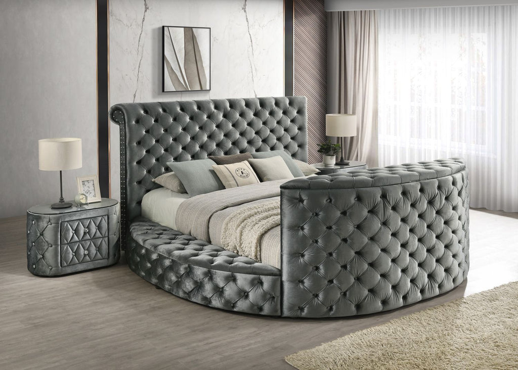 Luxurious King Size Bed Nightstand Deeply Tufted Headboard Nail Head Trim Upholstery Grey Velvet Footboard Integrated Television Lift Mechanism Built-in Electric Fireplace Storage 3pc Set