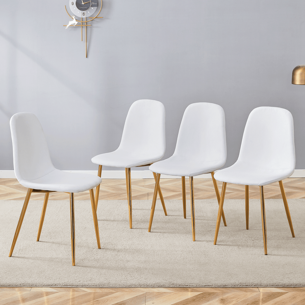 Luxury Simple Chair - Set of 4 White Linen Material High Resilience Dining Chair with Metal Golden Leg.Integral metal leg architecture,Suitable for various interior decoration styles.