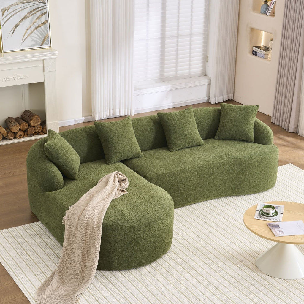 LY-022 Full Compression Sponge L-Shape Sectional Sofa with Curved Chaise, Green Modular Chenille Couch, 30D High-Density for Apartment Living Room,900 lbs.