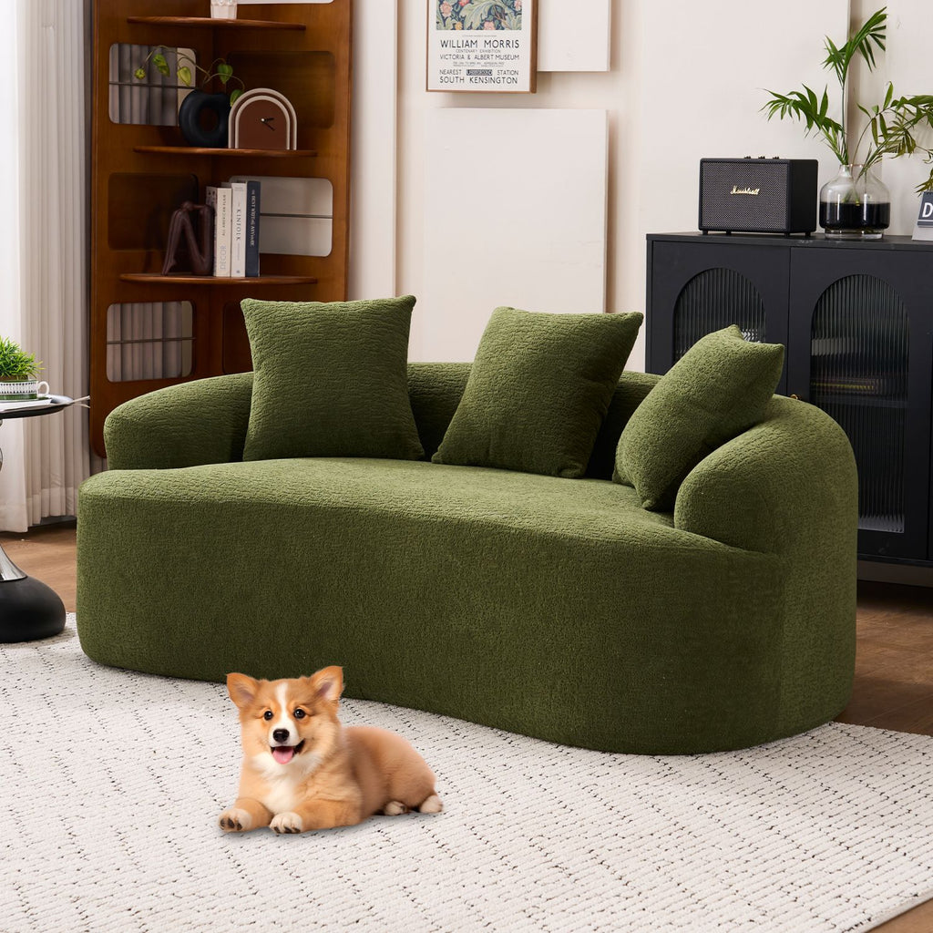 LY-025S Green Curved Loveseat: Compressed No Assembly, Chenille Small Sofa, 30D Sponge, Compact for Apartments, 65" L, 300Lbs, 3 Pillows