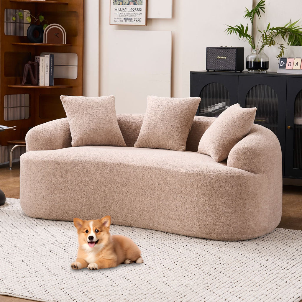 LY-025S Warm Beige Curved Loveseat: Compressed No Assembly, Chenille Small Sofa, 30D Sponge, Compact for Apartments, 65" L, 300Lbs, 3 Pillows