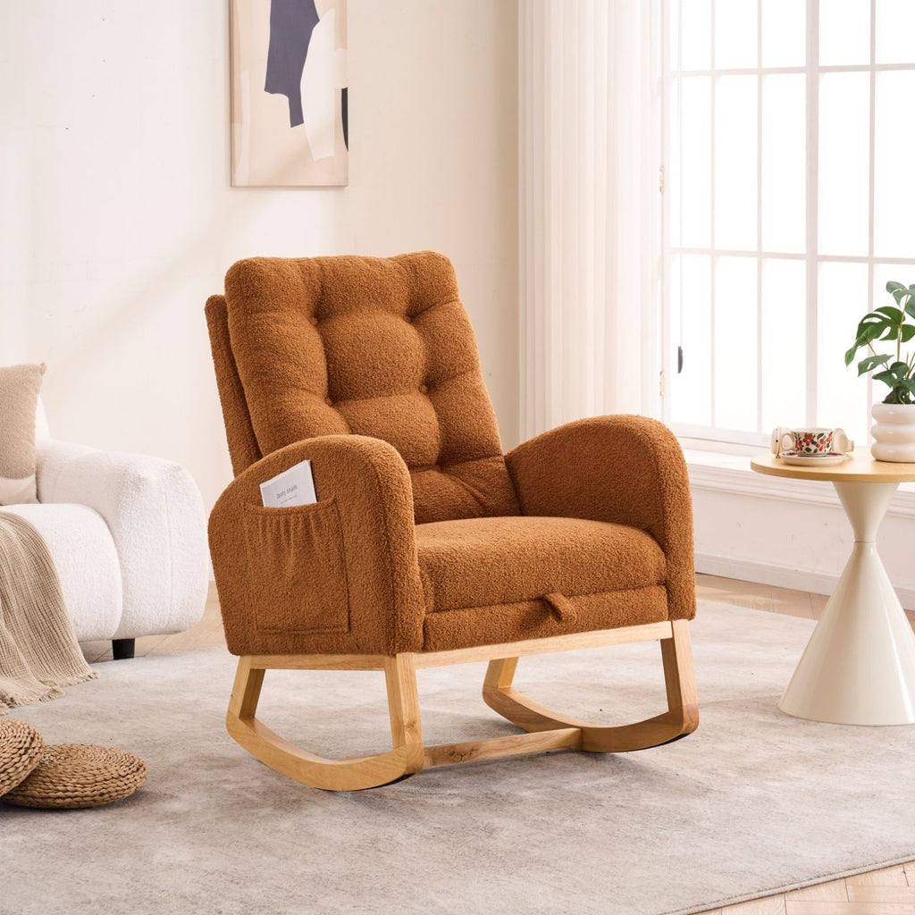 LY-5104 Caramel Accent Rocking Chair with Footrest High Back Rubber Wood Rocking Legs Bedroom Living Space 26.77D X 38.36W X 39.76H Inch
