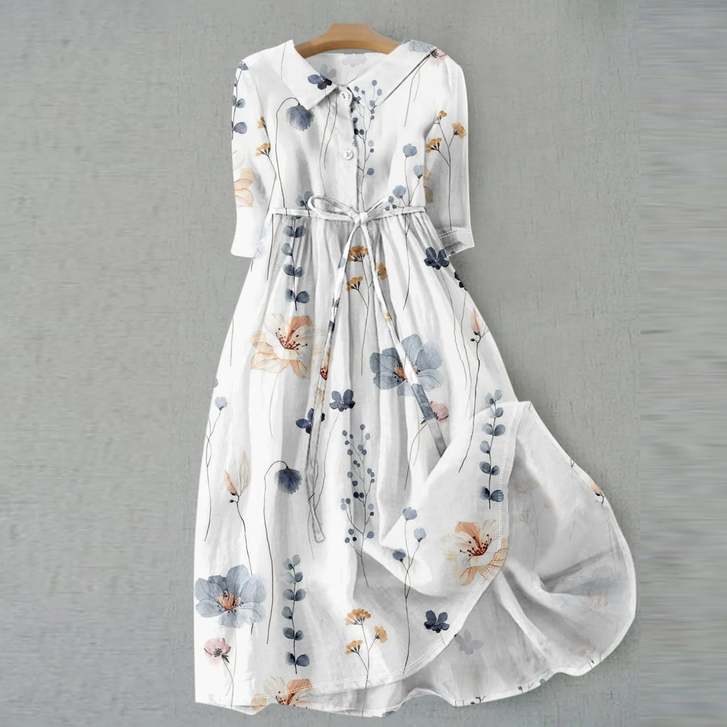 Floral Elegant Lapel Button Evening Party Dress with Three Quarter Sleeves and Mid-Calf Length for Summer Formal Wear Vestidos