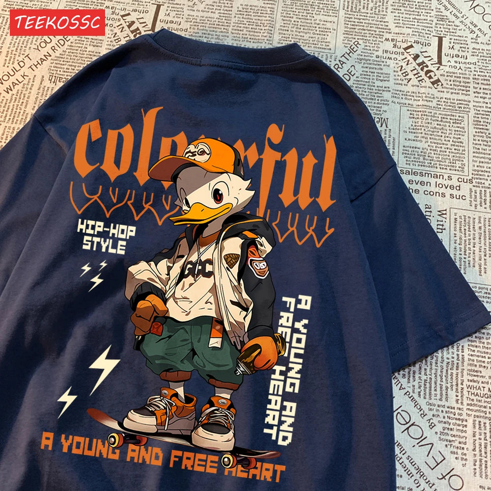 Breathable Cotton T-Shirt for Women with Cool Duck Pattern Print Trendy Cartoon Graphic Tee Short Sleeve Casual Top