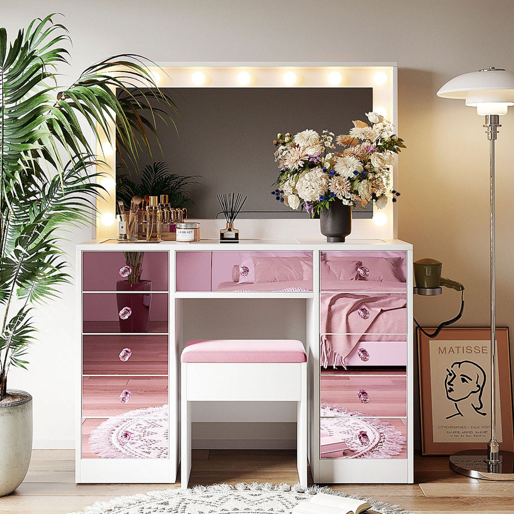 Makeup Vanity with 15 Hollywood Bulbs, 3Color Lighting Modes Adjustable Brightness, Dressing Table with Visual Glass Top and 11 Pink Finish Drawers, Vanity Desk Set with Cushioned Stool, Pink