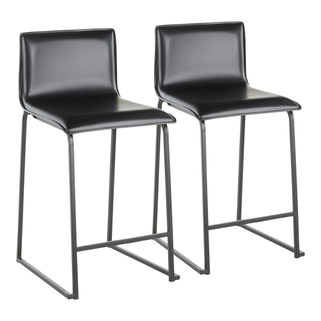 Mara 26" Contemporary Counter Stool in Black Metal and Black Faux Leather by - Set of 2