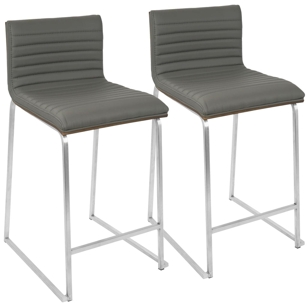 Mara 26" Contemporary Counter Stool in Brushed Stainless Steel, Walnut Wood, and Grey Faux Leather by - Set of 2