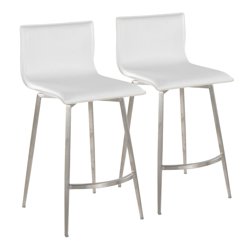 Mara 26" Upholstered Contemporary Fixed-Height Counter Stool with Swivel in Stainless Steel and White Faux Leather by - Set of 2
