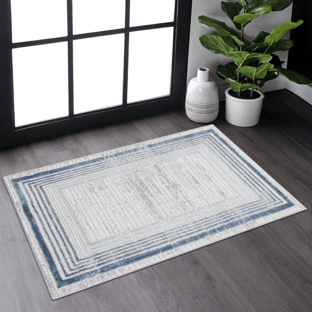 MARFI Collection 2.X3. Blue / Ivory / Bordered Doormat Rug Modern, Contemporary, Non-Shedding & Easy to Clean, Ideal for Living Room, Bedroom, Dining Space, 36*24 inch