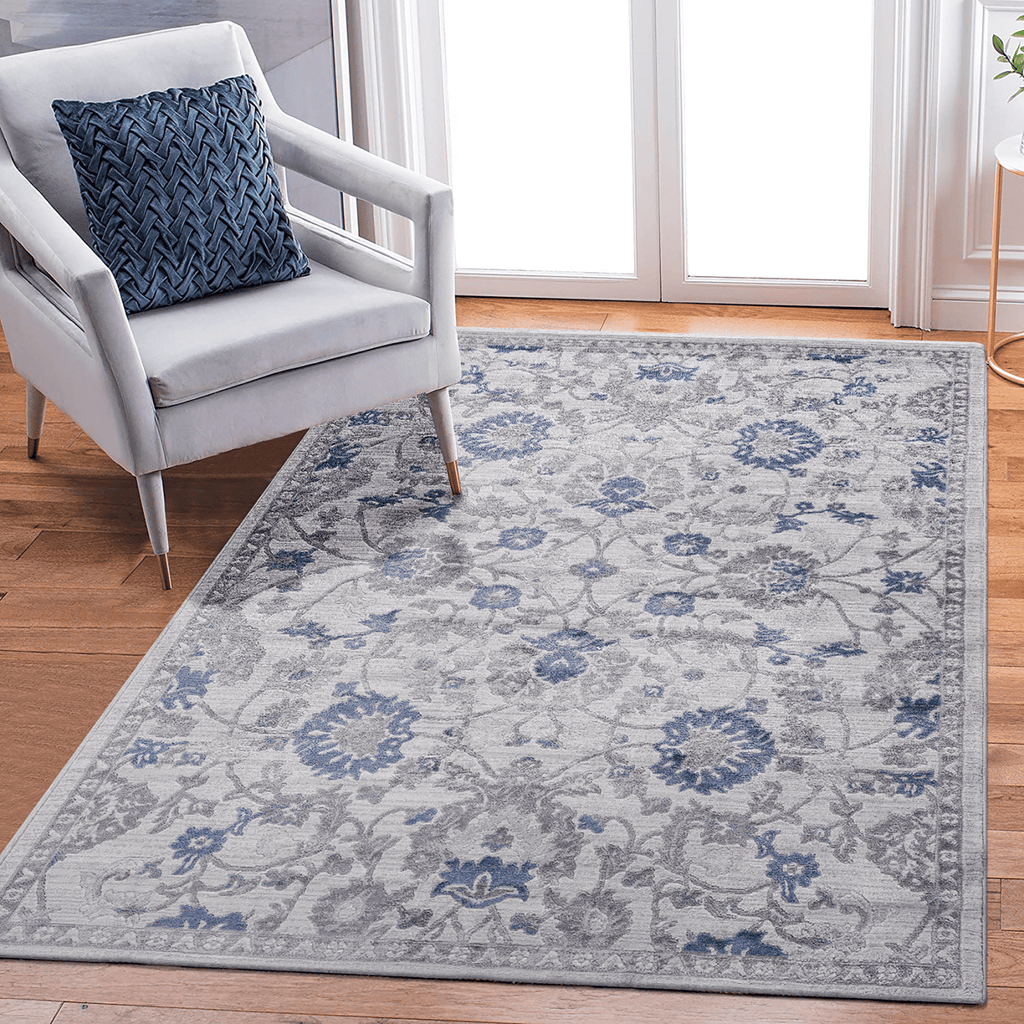 MARFI Collection 5.3X7.6 Blue / Silver / Oriental Area Rug Modern, Contemporary, Non-Shedding & Easy to Clean, Ideal for Living Room, Bedroom, Dining Space, 90*63 inch