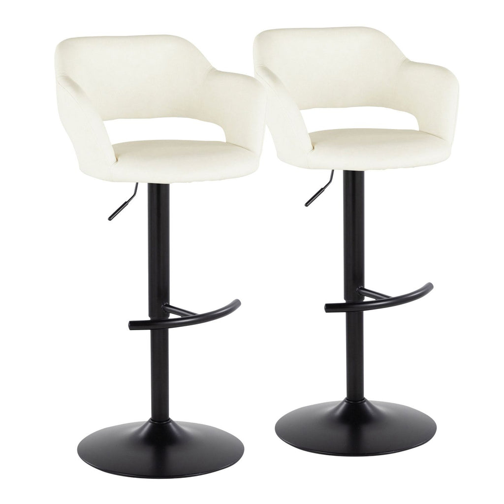 Margarite Contemporary Adjustable Barstool with Swivel in Black Metal and Cream Faux Leather with Rounded T Footrest by - Set of 2